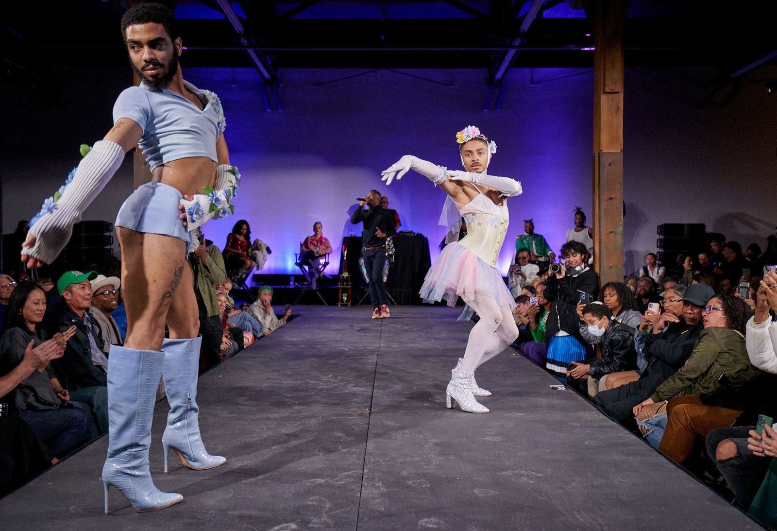A performer on the runway at the Exhibition Vogue Ball at Hauser & Wirth